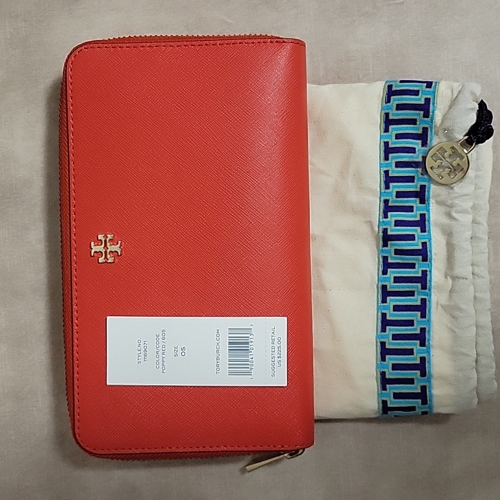 Tory burch zip around wallet, Saffiano leather, poppy red, 7.5"×4.5"
